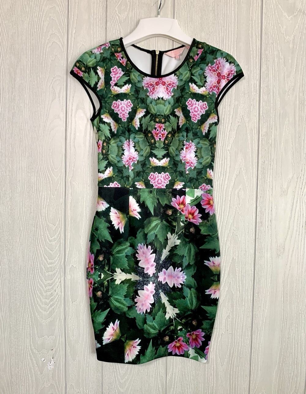Ted Baker Green Floral Print Maxi Dress with Pink Accents